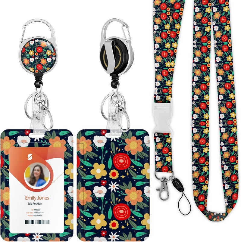 Boutilon ID Badge Holder with Lanyard,Retractable ID Badge Card Holders Detachable Neck Lanyard Strap with Badge Reel and Vertical ID Holder for Nurse Students Teachers Office Staff(Flower Orange) - Image 1